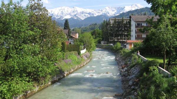 Partnach River divides Garmisch from Partenkirchen