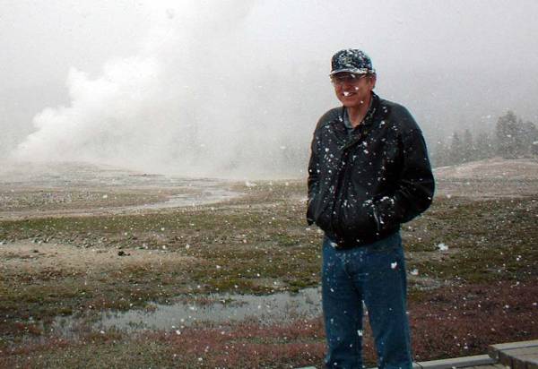 Tim, Snow, Old Faithful, Yellowstone Visit