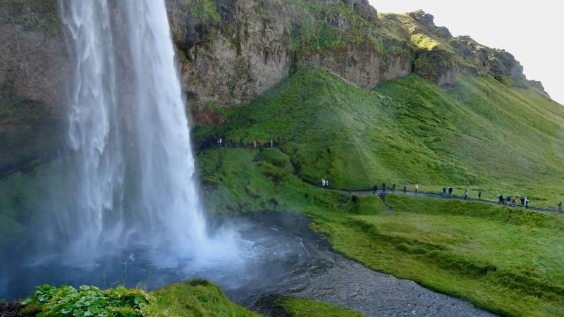 Seljalandsfoss Tourists Walk Behind Waterfall, Iceland South Coast Day Trip