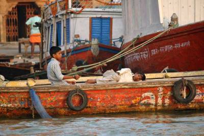 Kids on Fishing Boat, Ganges River, Visit Varanasi