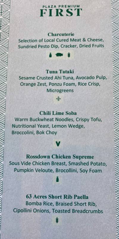 Plaza Premium First, Menu