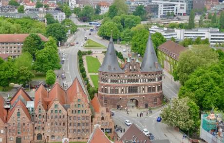 Salzspeicher and Holstentor, Lubeck Salzspeicher and Holstentor from St Peter's, Lubeck
